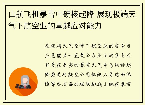 山航飞机暴雪中硬核起降 展现极端天气下航空业的卓越应对能力