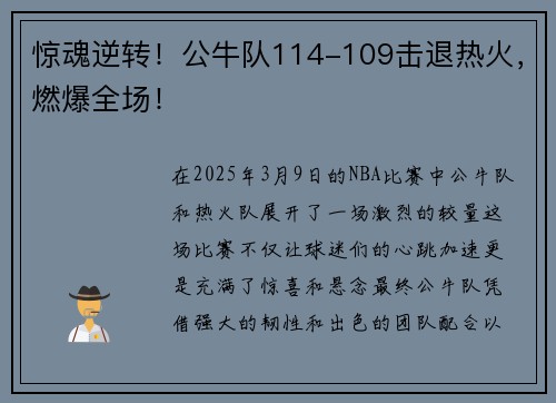 惊魂逆转！公牛队114-109击退热火，燃爆全场！