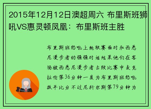 2015年12月12日澳超周六 布里斯班狮吼VS惠灵顿凤凰：布里斯班主胜